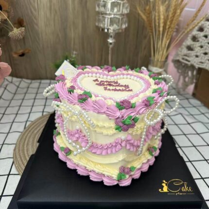 Alternative view of Vintage Heart Pearl Cake – Purple Retro Birthday Cake with Pearls in Melbourne