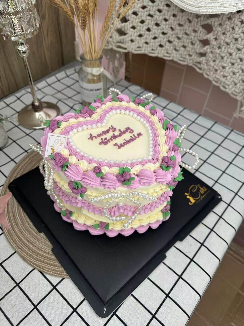 Vintage Heart Pearl Cake – Purple Retro Birthday Cake with Pearls in Melbourne